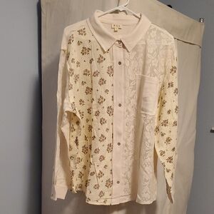 POL Cream Floral Lace Button Down Shirt